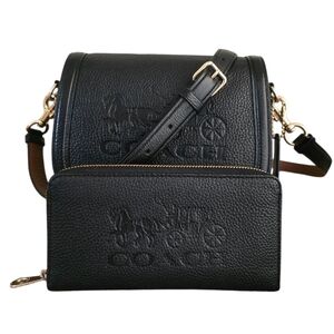 🖤 COACH Black Pebble Leather Saddle Bag & Wallet w/ Horse & Carriage Embossment